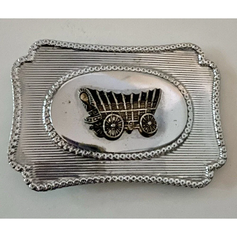 Vintage Western Belt Buckle Covered Wagon Old West USA Silvertone 80s